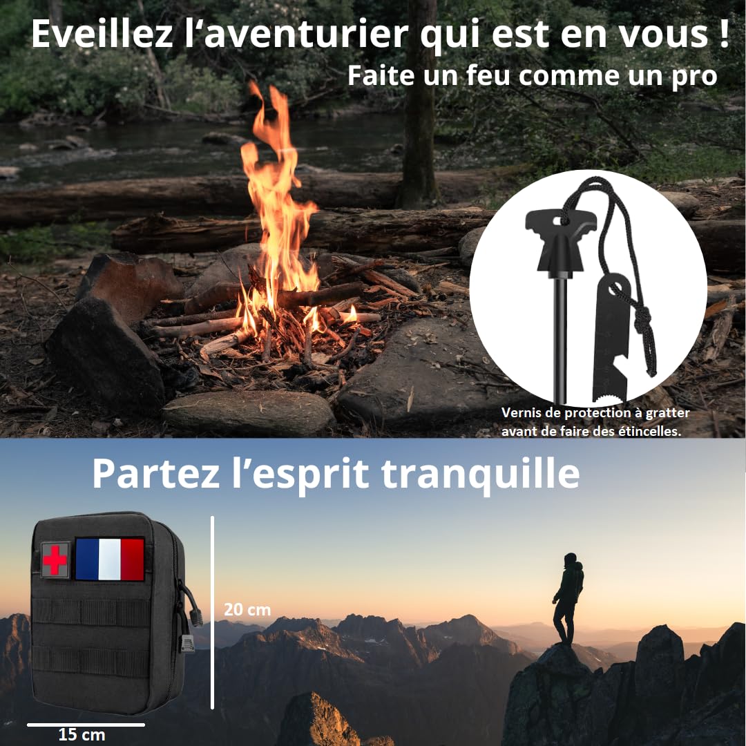 Kit de Survie -Sac de Survie - Pince Multifonction - Paracorde Boussole - Couteau Pliant Multifonction - Allume Feu - Lampe Torche