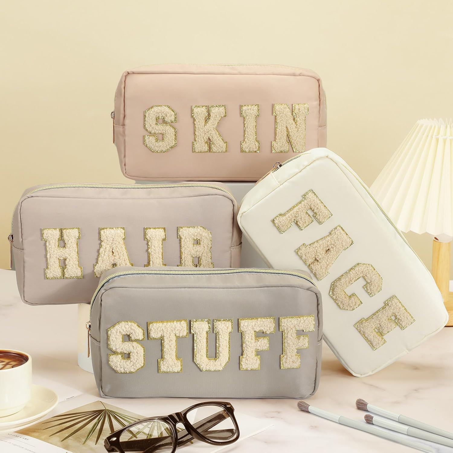 Cunno 4 Pcs Preppy Makeup Bags Chenille Letter Stuff Bag Nylon Cosmetic Pouch Cases with Zipper for Women Travel Toiletry - Image 6