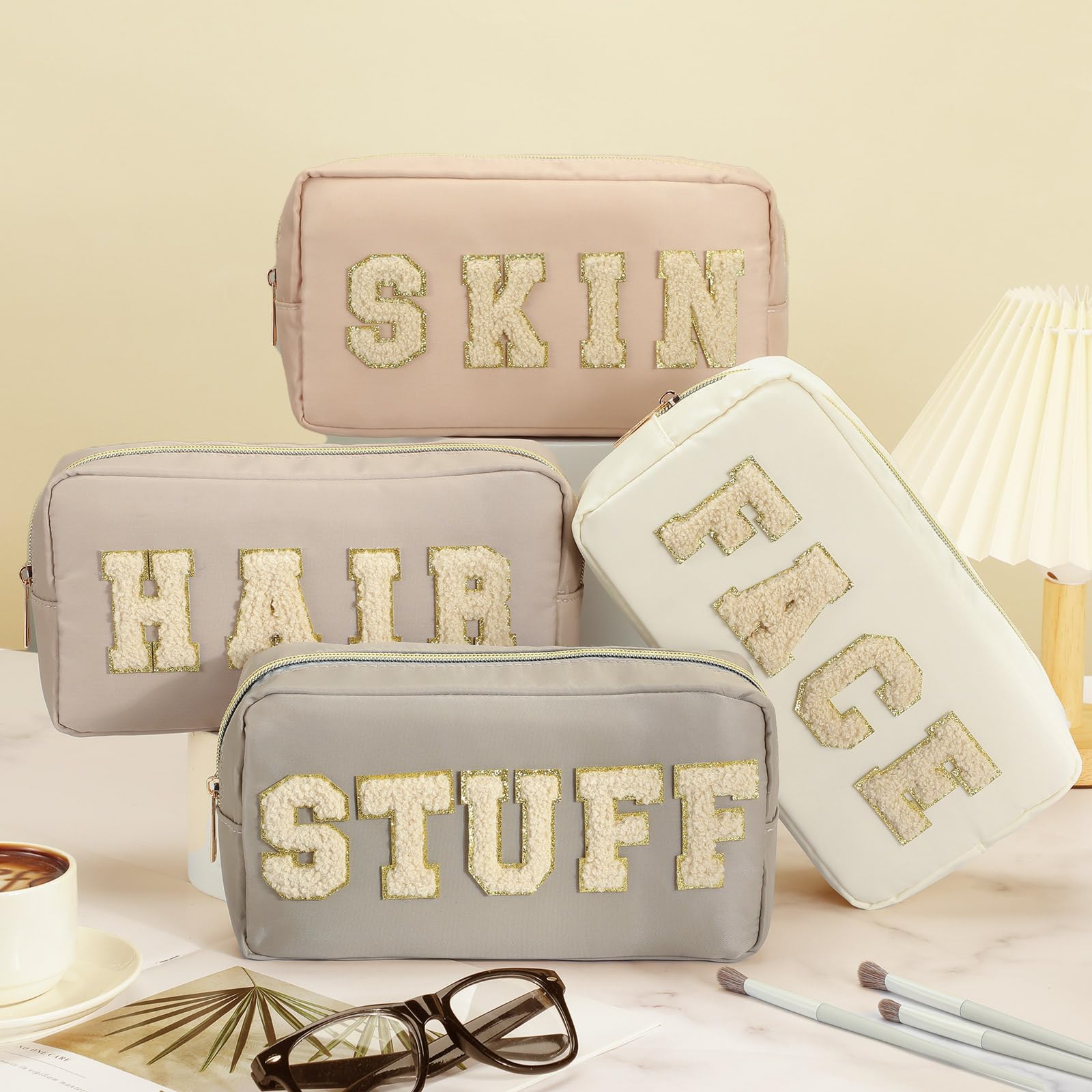 4 Stück adrette Make-up-Taschen aus Chenille, mit Reißverschluss, für Damen, Reise-Kulturartikel
