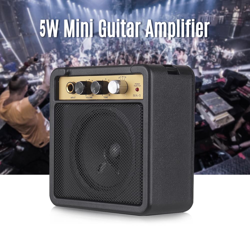 HUIOP Mini amplificateur de Guitare, Haut-Parleur 5W avec entrée 6.35mm, Sortie Casque 1/4 Pouces, Prend en Charge Le réglage du Volume et de la tonalité, Overdrive,Mini ampli Guitare