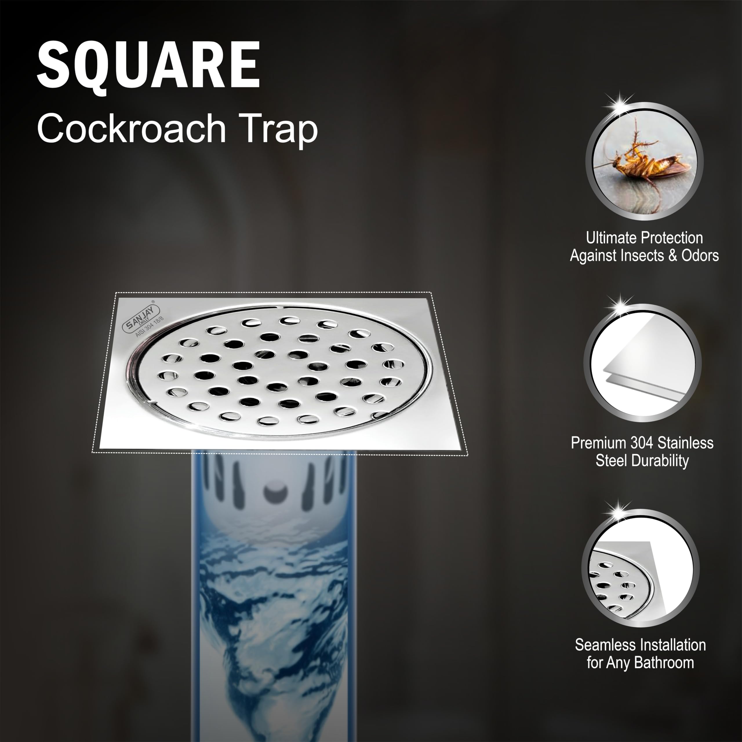 Sanjay Chilly Square Floor Drainer for Bathroom | Floor Drain Jali with Cockroach Trap Bathroom Gratings | Stainless Steel 304 Grade Sink Strainer Kitchen Hair Catcher (4 x 4 INCHES) 4