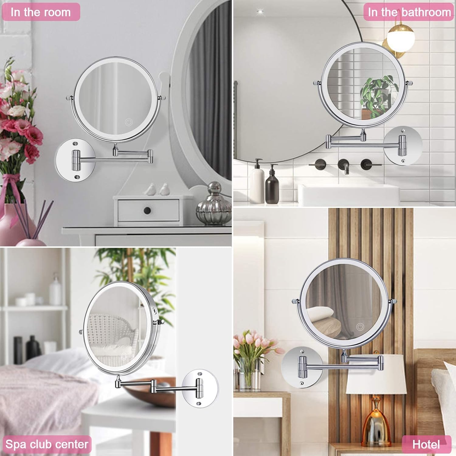 Rechargeable Wall Mounted Makeup Mirror 8 Inch Double Sided 1X/10X Magnifying Mirror, 360° Swivel Vanity Dimmable Mirror with 3 Colors Light, 30 Minutes Intelligent Shutdown Mirror for Bathroom -