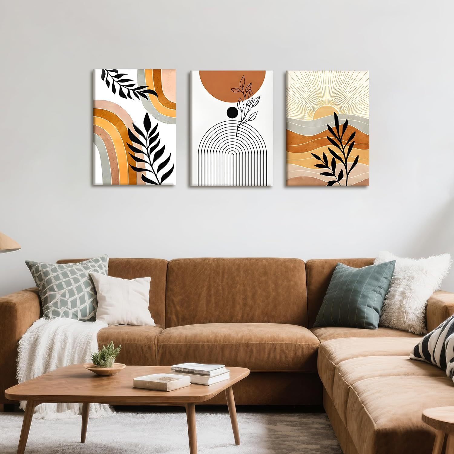 LYYGLYY 3Pcs Framed Bohemian Canvas Wall Art, Abstract Geometric Posters Artwork for Walls, Brown Desert Wall Art, Botanical Line Print Wall Decor for Living Rooms, Dining Rooms, Offices 12x16 Inches