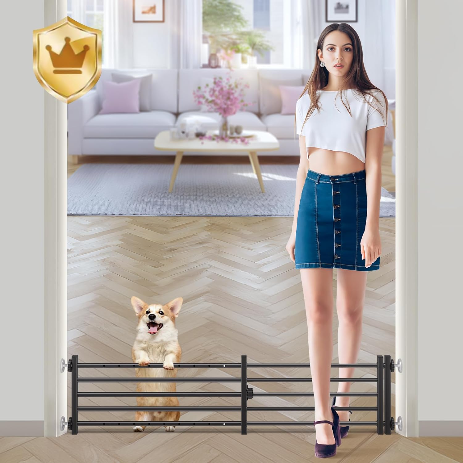 Malier Indoor Dog Gate with Door, 34-55" Extra Wide Full Metal Pet Gate Short Dog Gate for Stairs, Pressure Mount 10'' Tall Small Puppy Low Gate Easy Step Over for Doorways Black 10''H × 34''- 55''W