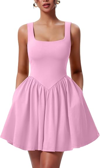 YMDUCH Womens Casual Sleeveless Square Neck A-line Mini Dress