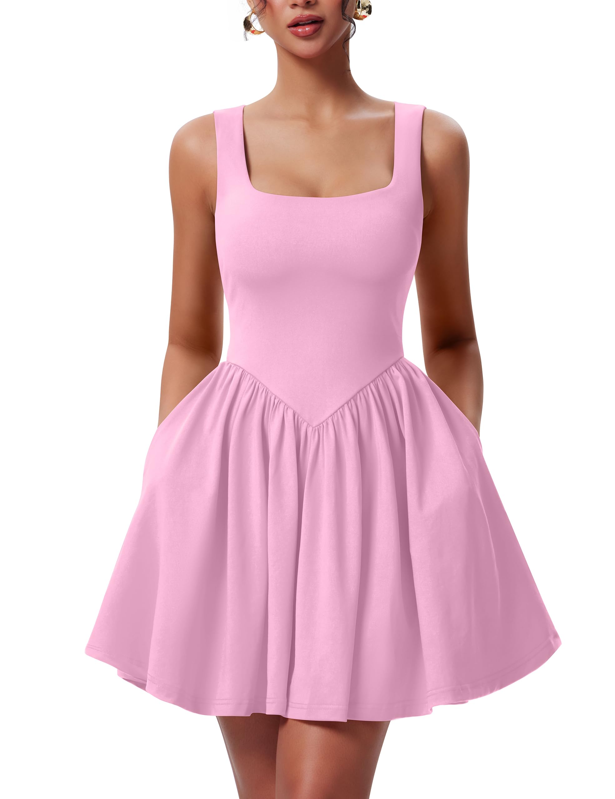 Photo 1 of YMDUCH Women's Summer Sleeveless Square Neck A-line Ruffle Hem Mini Tank Dress with Pockets Pink L