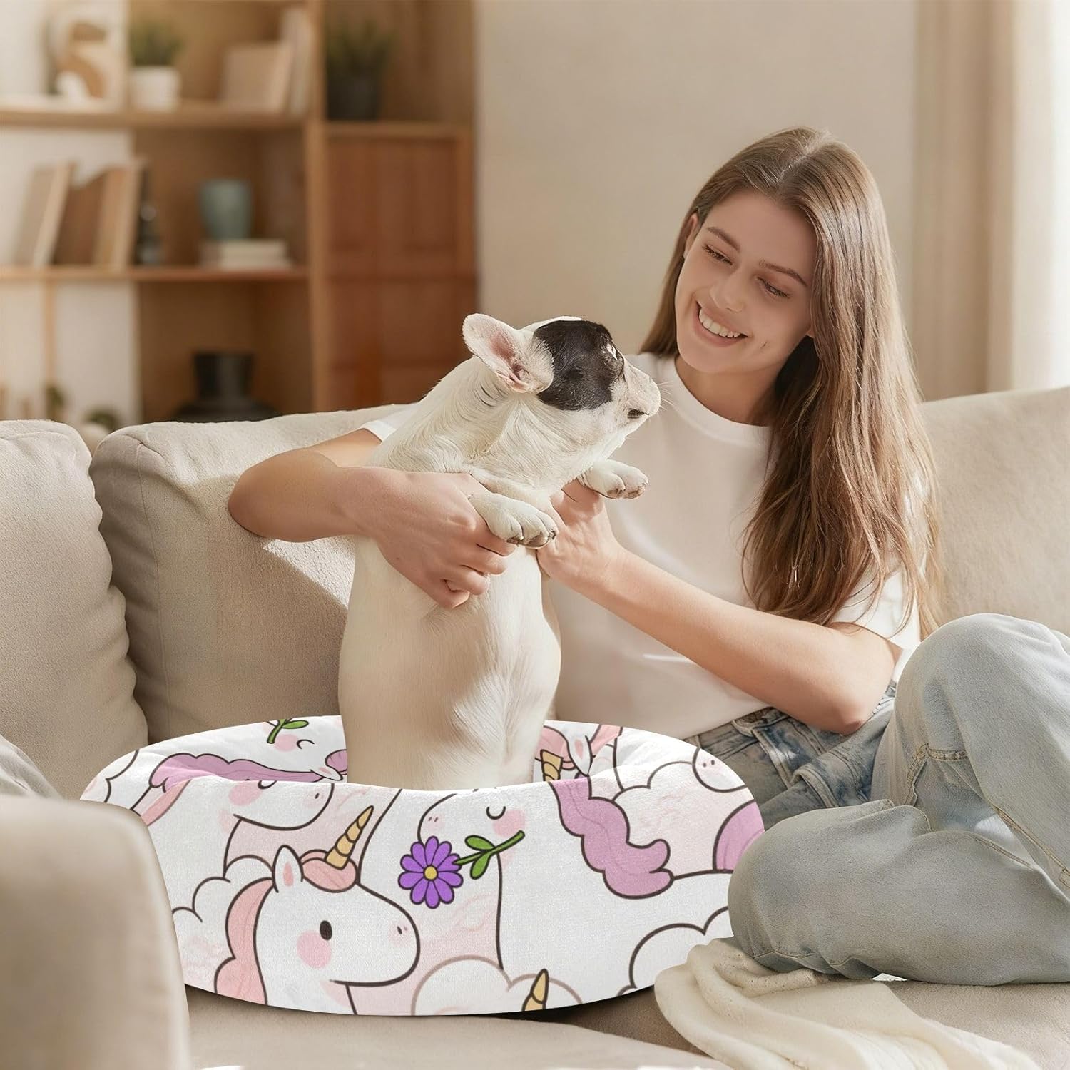 Cute Cartoon Unicorn White Anxiety Relief Pet Cat Bed Pillow Pillow Pet Bed Extra Small Size Bed Sleeping Bed for Small Dog