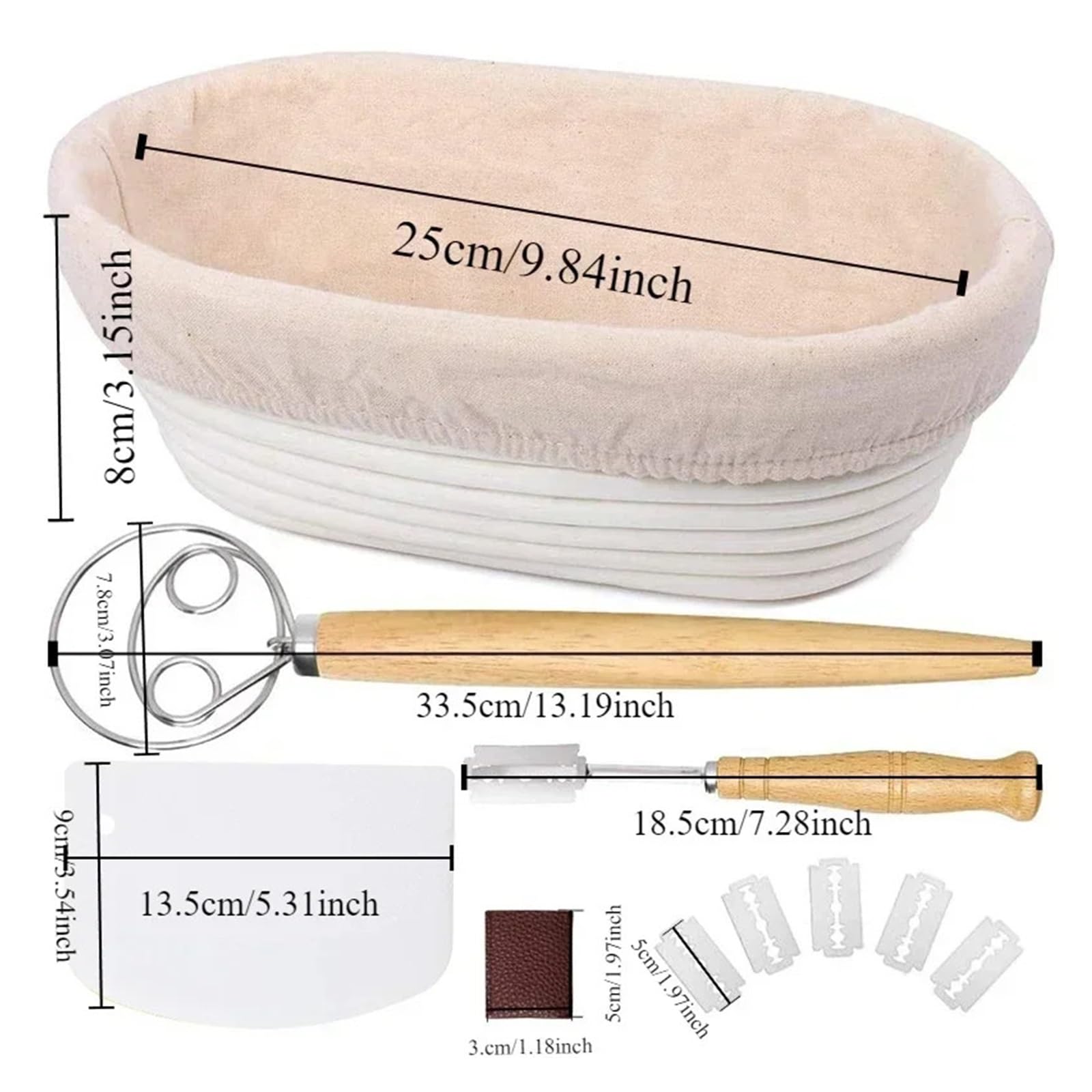 Banneton Pour Pain Kit de démarrage Ensemble de paniers de fermentation Panier de fermentation rond Grattoir Mélangeur de cuisson, coupeur, batteur(11 pieces)