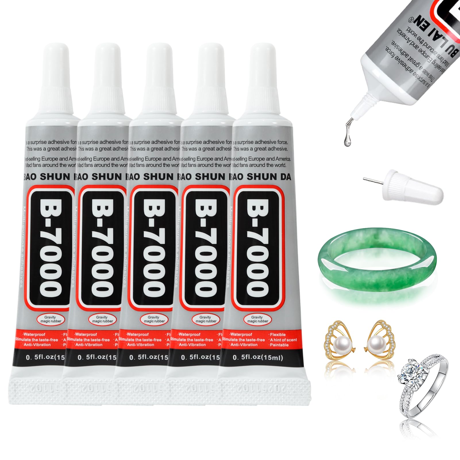 B7000 Super Glue, 5 Pcs 15ml Clear Craft Fabric Glues for Jewelry Making, Multi-Function Rhinestone Glue, B-7000 Bedazzling Glue for Clothe Fabric Cell Phone Rubber Wood Leather Rhinestones Craft — image 1