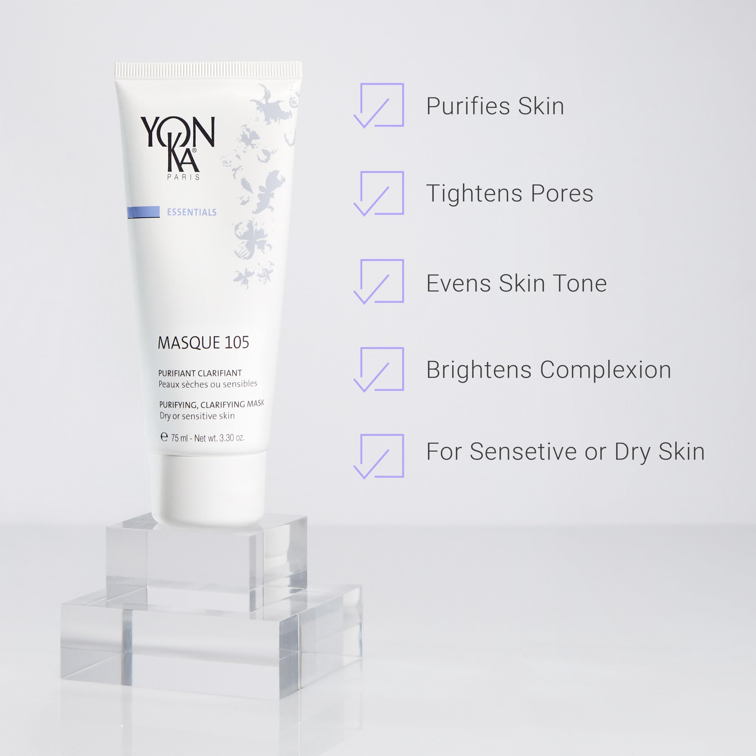 Masque105 Gesichtsmaske Yonka 75ml - Für Trockene Oder Empfindliche Haut - Entgiftende Tonerden, Reinigende Ätherische Öle - Reinigt, Absorbiert Talg, Verkleinert Poren - Bei Akne - Wasser Abspülen