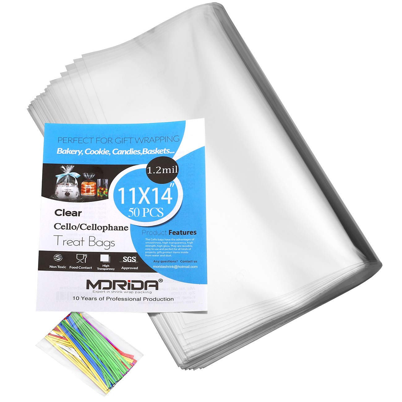 MORIDA 50 Pcs 11x14 inch Cello Cellophane Treat Bags Clear Flat for