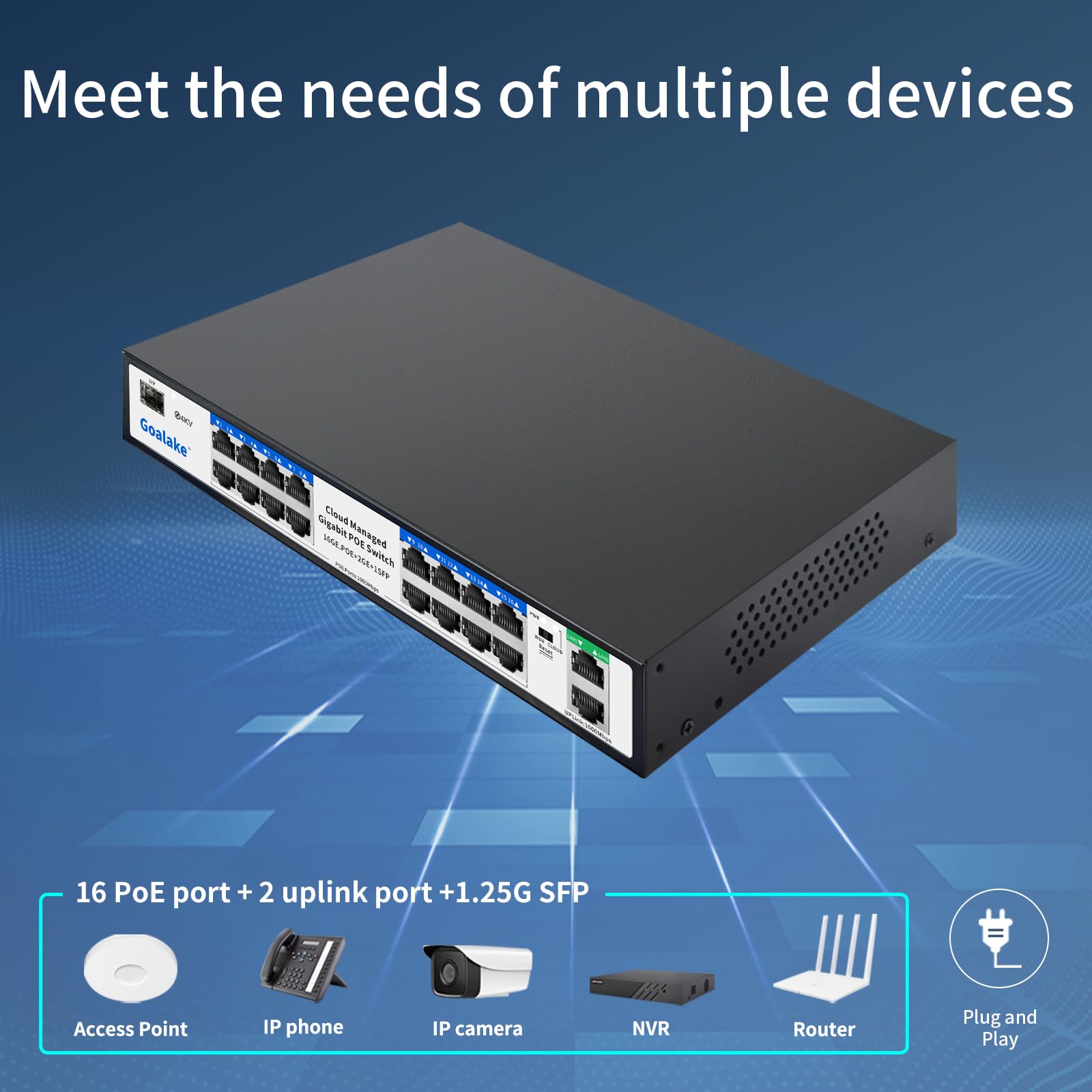 Goalake Switch PoE 19 puertos Gigabit 10/100/1000Mbps, 16 Gigabit PoE+@240W,1 SFP Puerto, IEEE 802.3af/at, Plug and Play, VLAN