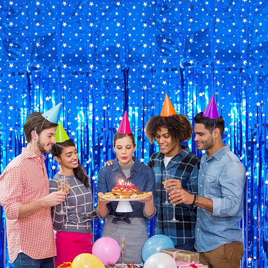Image of TONIFUL 2Pcs Blue Metallic Tinsel Foil Fringe Curtains with Star,Blue Photo Booth Backdrop Streamer Curtain Photo Booth Props for Bachelorette Party,Birthday,Halloween,Christmas Decor(6.6ft x 6.6ft)