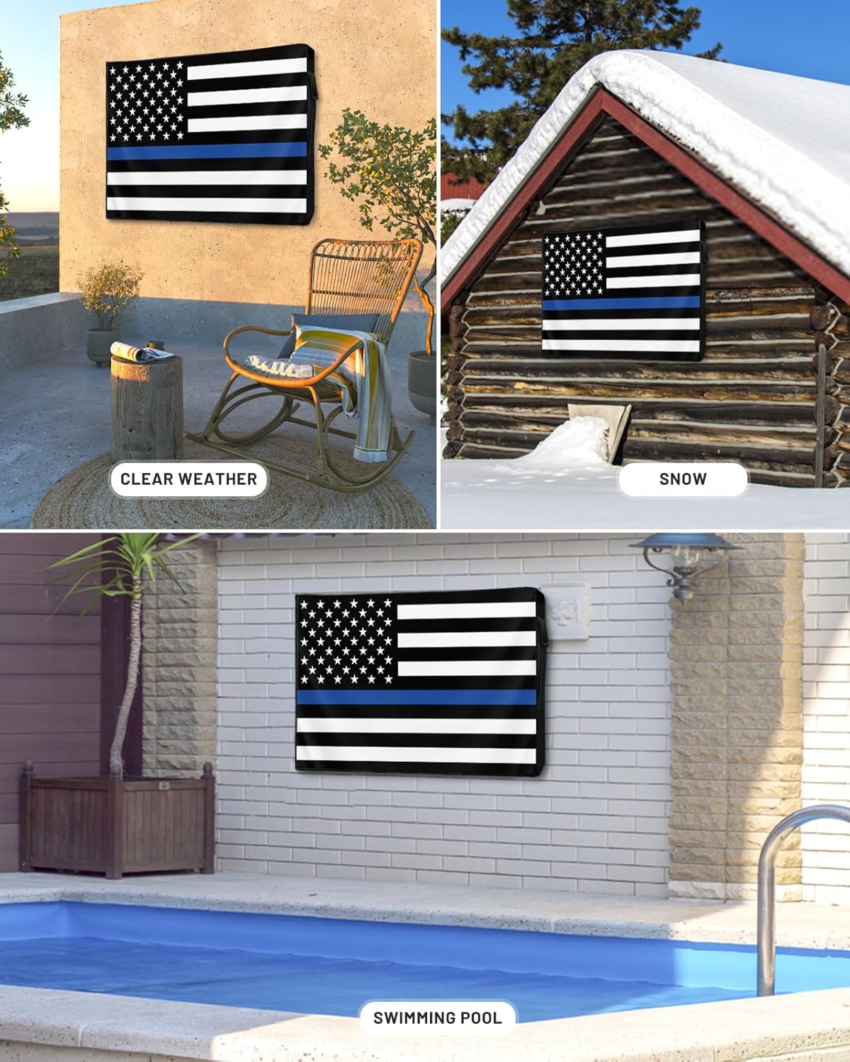 American Flag Outdoor TV Cover 52 to 55 Inch Weatherproof, US Flag 600D Oxford TV Covers with Waterproof Zipper, Blue Black Stripes Outside Flat TV Screen Protector Size 52" W x 19" H x 4.5" D