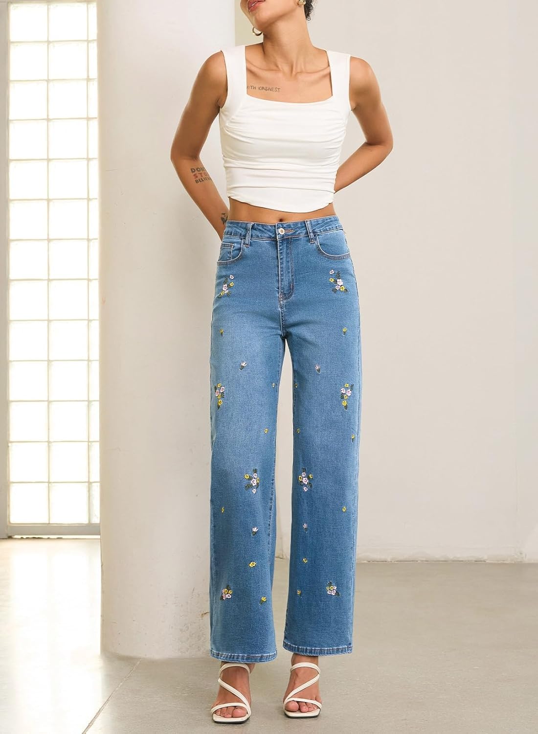 Sidefeel Women's Straight Leg Embroidered Jeans High Waisted Stretchy Wide Leg Denim Pants - Image 5