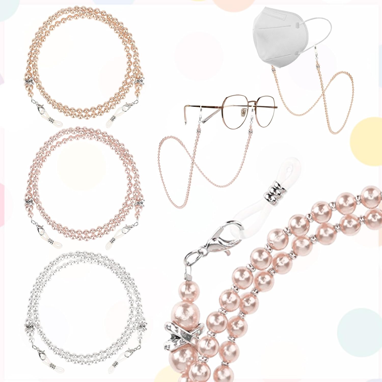 Styquenzer 3PCS Pearl Glasses Chain for Women, Beaded Eyeglass Chains Sunglasses Holder Strap Stylish Eyeglass Chains Reading Glass Eyewear Retainer Chain for Women Sunglasses, Myopia Glass, 3 Colors