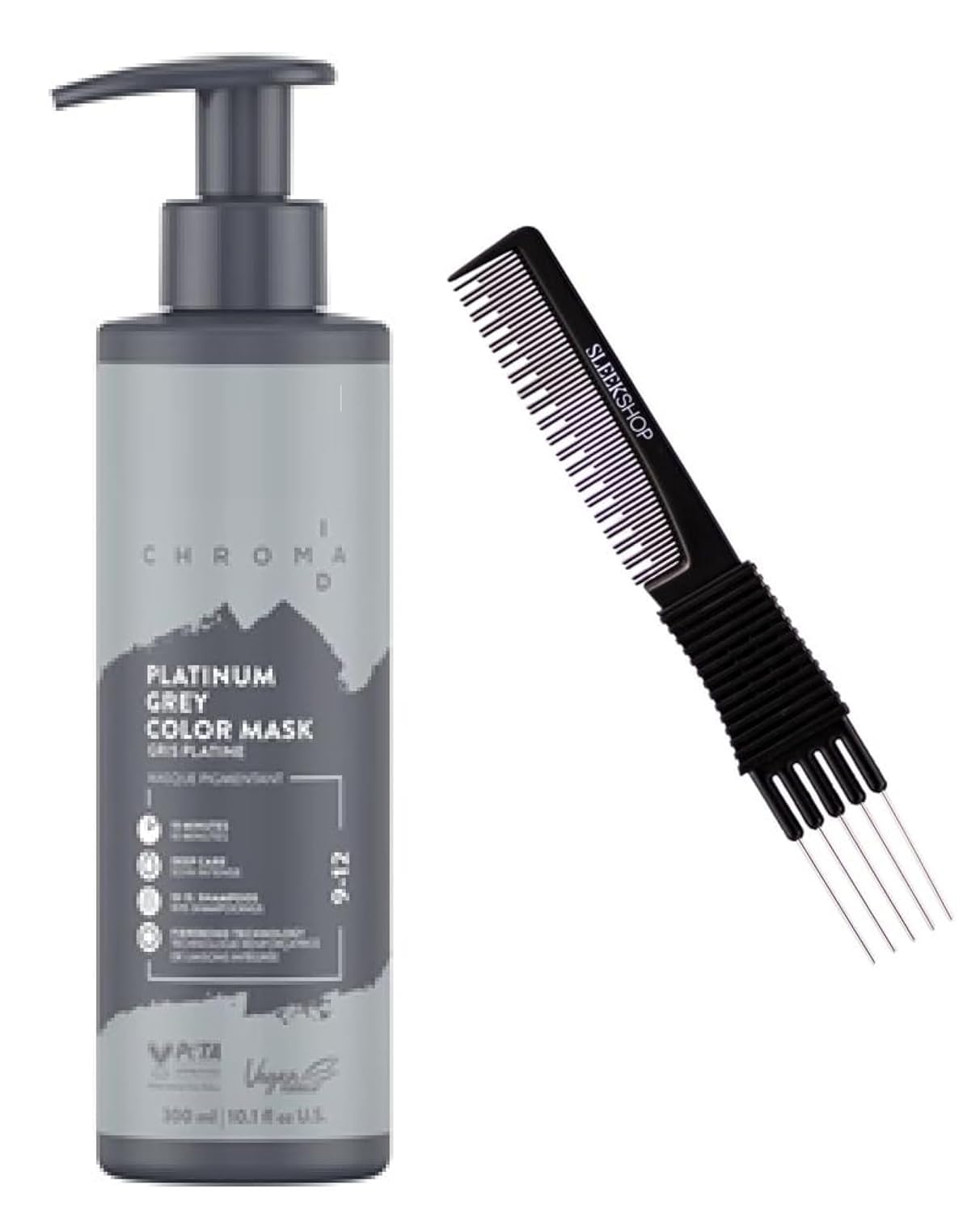 Comb + CHROMA.ID (9-12 Platinum Grey) Schwarzkapf Chroma ID Bonding Color Masks, Semi-Permanent Hair Color Dye (w/Sleek Premium Carbon Teasing Comb) ChromaID Haircolor Masque