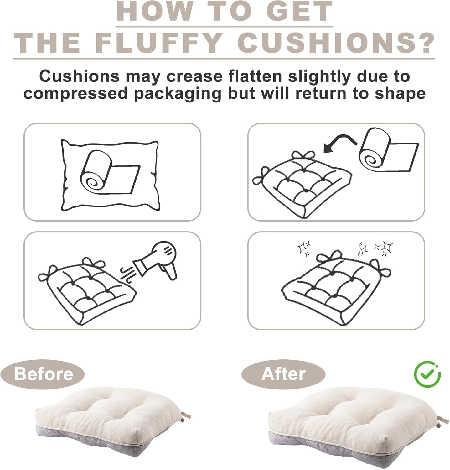 Battilo Chair Cushions Set of 2 for Dining Chairs, Seat Cushions for Kitchen Chairs with Non-Slip Backing, Indoor/Outdoor Waterproof Chair Seat Pads with Ties, 15.5"x15.5"x4", Beige