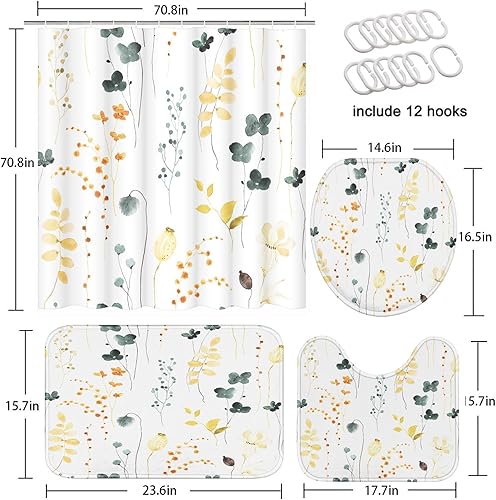 Miniatura 5 de ArtSocket Juego de baño floral amarillo con cortina de ducha y alfombras y accesorios, juego de cortina de ducha de hojas de flores verdes de