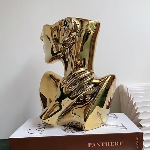 Miniatura 3 de Ceramics Estatua de cerámica, florero de cara, macetas de busto de cabeza para regalos de cumpleaños, decoración del hogar y la oficina (dorada)