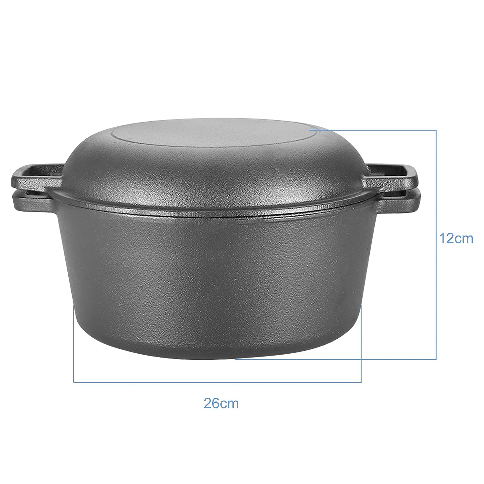 Casserole en fonte, 2 en 1 casserole de 4,5 l Réchaud combiné double Dutch Oven avec couvercle/poêle à frire double fonction de marque pour cuisine camping jardin cuisson barbecue 26 * 26 * 12 cm