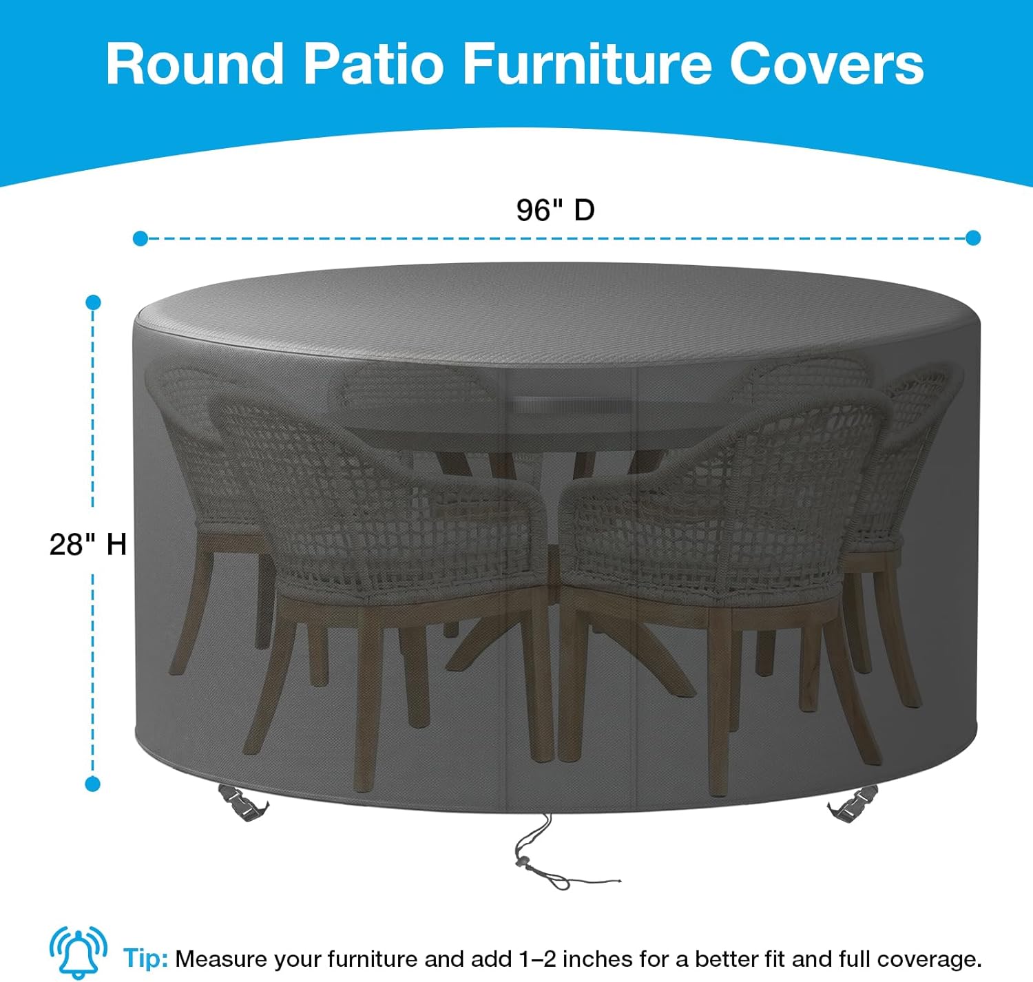 KANAGAWA Round Patio Furniture Covers,96"(D) x 28"(H) Heavy Duty Table and Chairs Cover, Anti-Fading Outdoor Waterproof 420D Furniture Cover with UV Resistant,Black