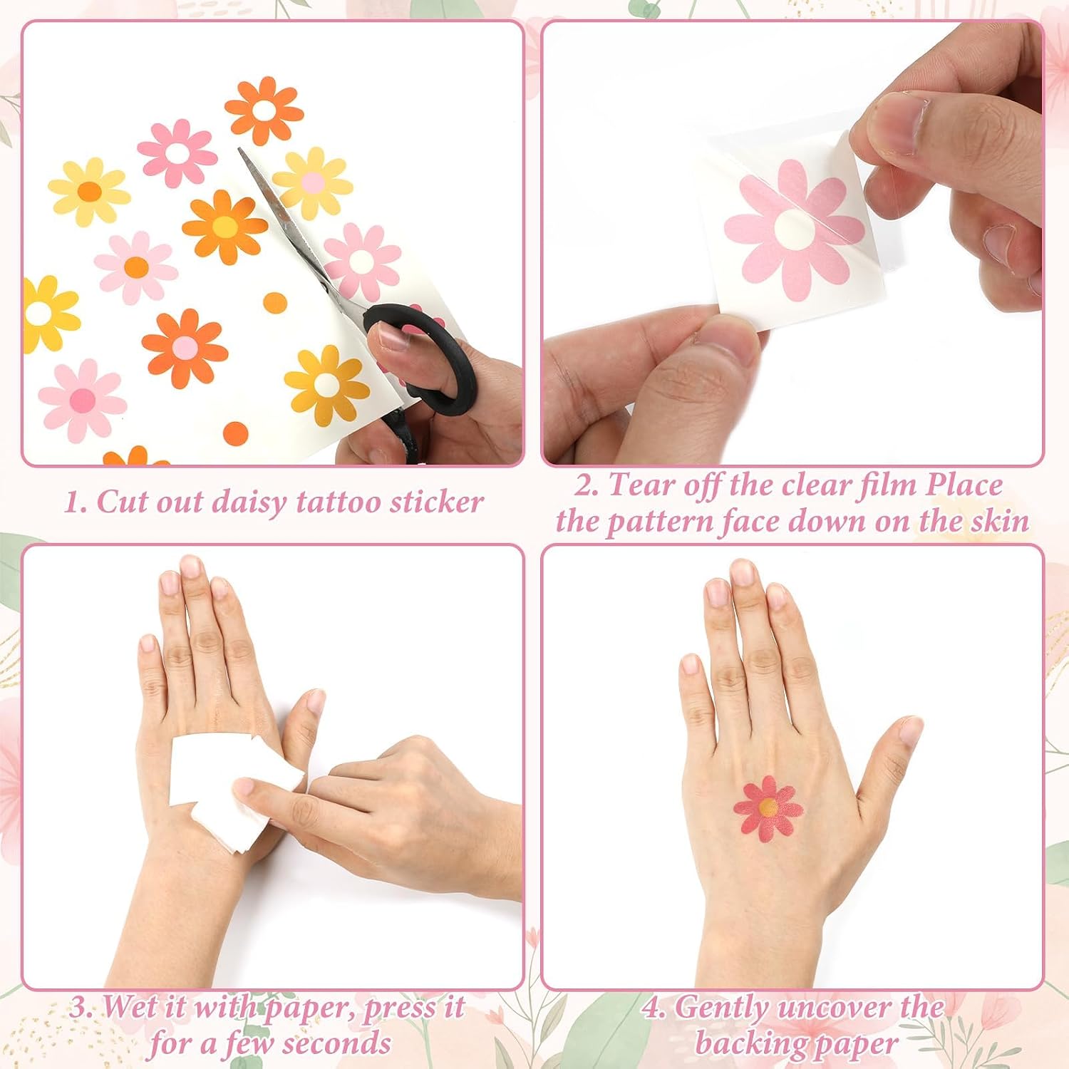 280pcs Spring Daisy Temporary Tattoos Stickers Hippie Theme Tattoo Stickers Waterproof Boho Groovy Face Body Sticker for Adults and Kids Cute Cartoon Printing Groovy Theme Spring Floral Party Supplies image 3