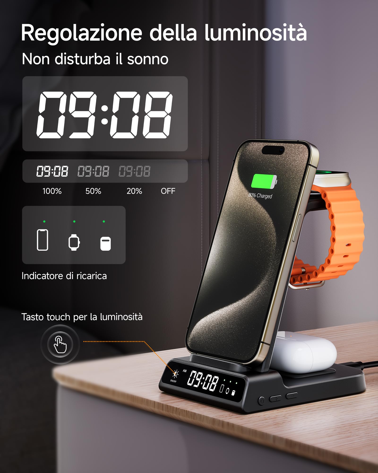 Stazione di ricarica per Apple, caricatore wireless 3 in 1 con orologio per iPhone 16/15/14/13/12/11/SE/XR/XS/X, supporto di ricarica per Apple Watch Ultra/9/8/7/6, AirPods Pro/4/3 (Senza Adattatore)