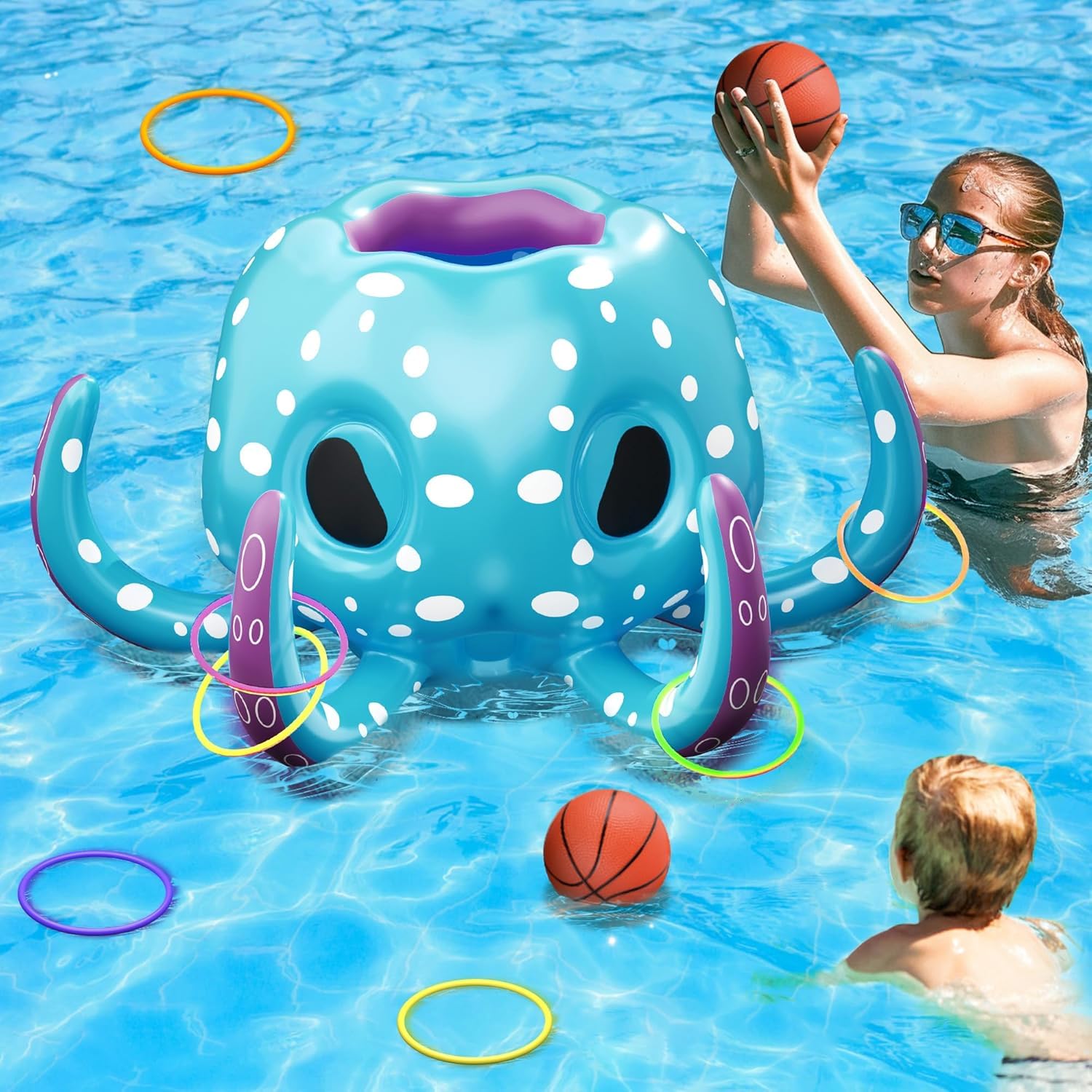 Inflatable Octopus Pool Toys Set - 2-in-1 Basketball & Ring Toss Water Games For Kids