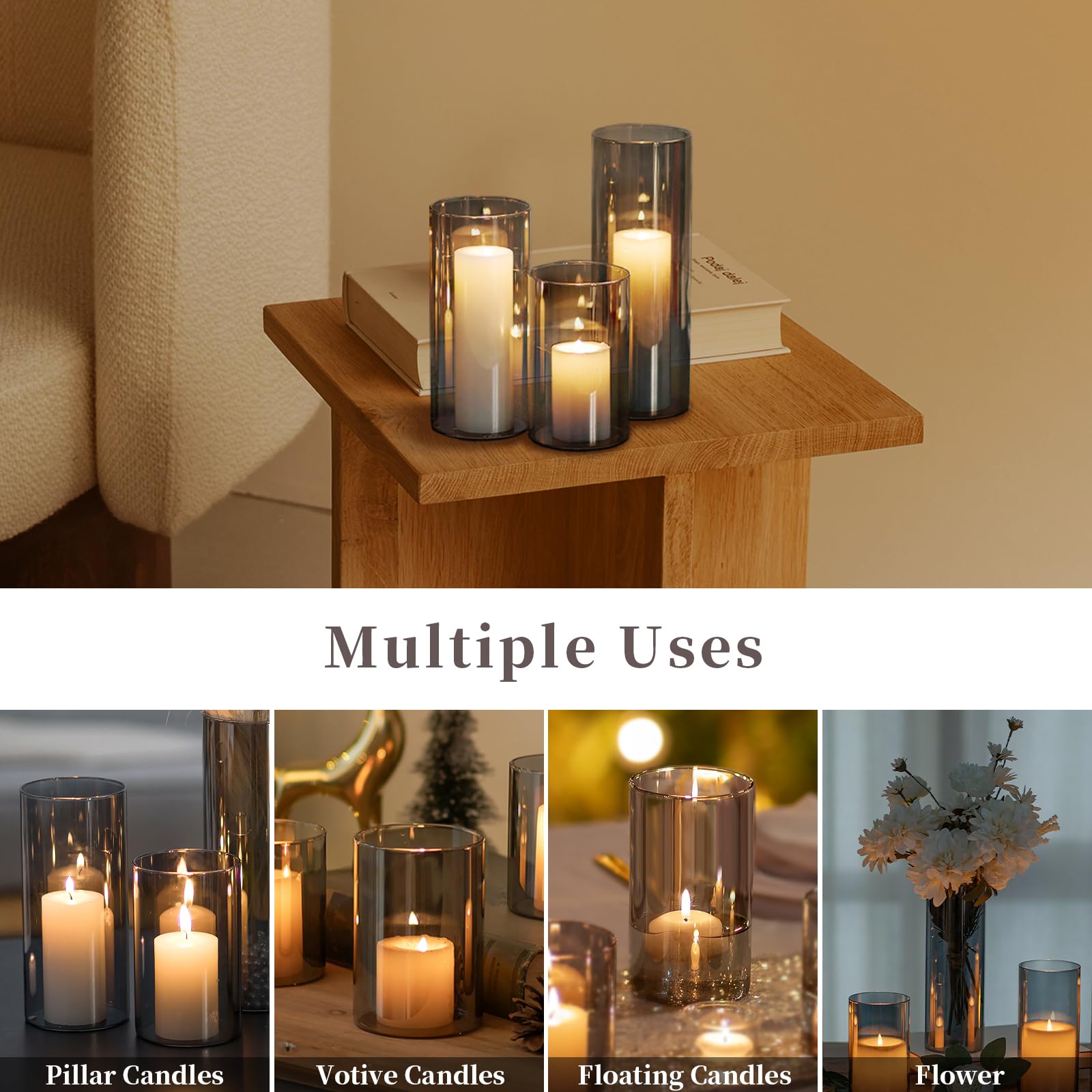Glasseam Schwarz Windlicht Glas Kerzengläser Groß: 6er Set Kerzenglas | 14/19/24cm H, Glaszylinder Für 7.5cm Kerzenhalter Stumpenkerzen, Vase, Tischdeko, Hochzeit Wohnzimmer Deko
