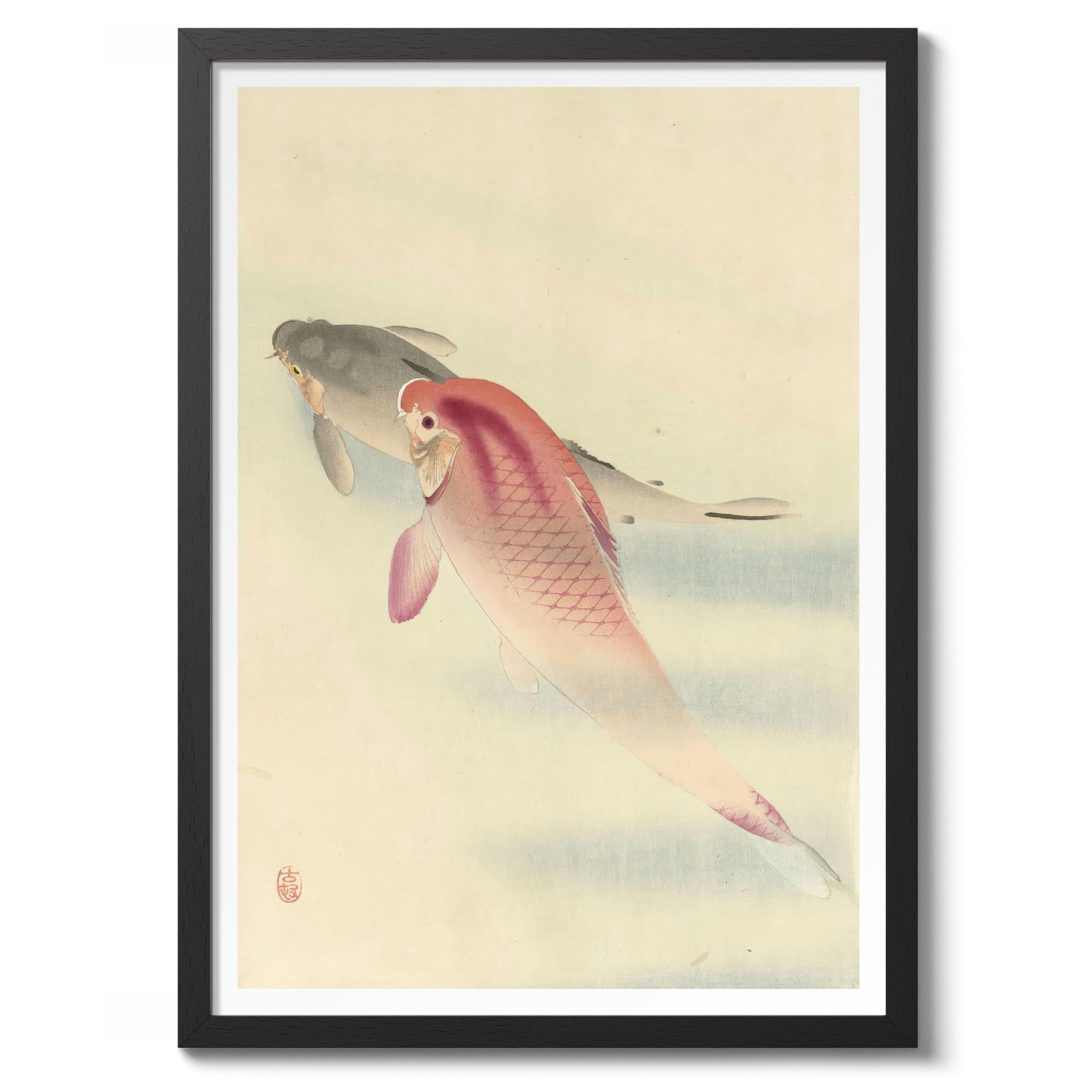 Two Carp Ohara Koson Poster, Japanese Woodblock Ukiyo-E Print, Vintage Nature Art Picture Animal Painting Wall Art Exhibition, Japan Artwork Home Decor, A4 (Black Frame) - 32.7x24.1cm