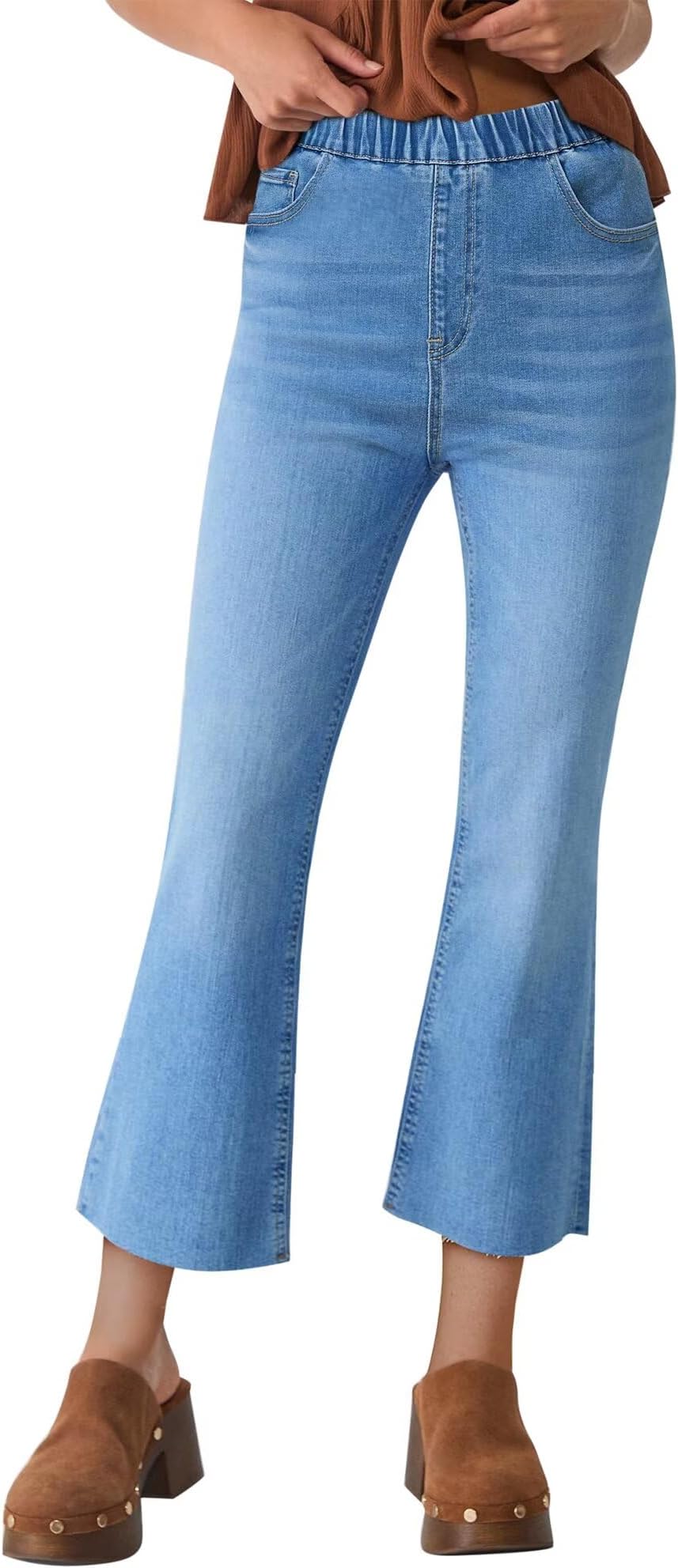 Pull on Jeans for Women,High Rise Stretchy Bootcut Denim Pants Elastic Waist Cropped Flare Jeans with Raw Hem