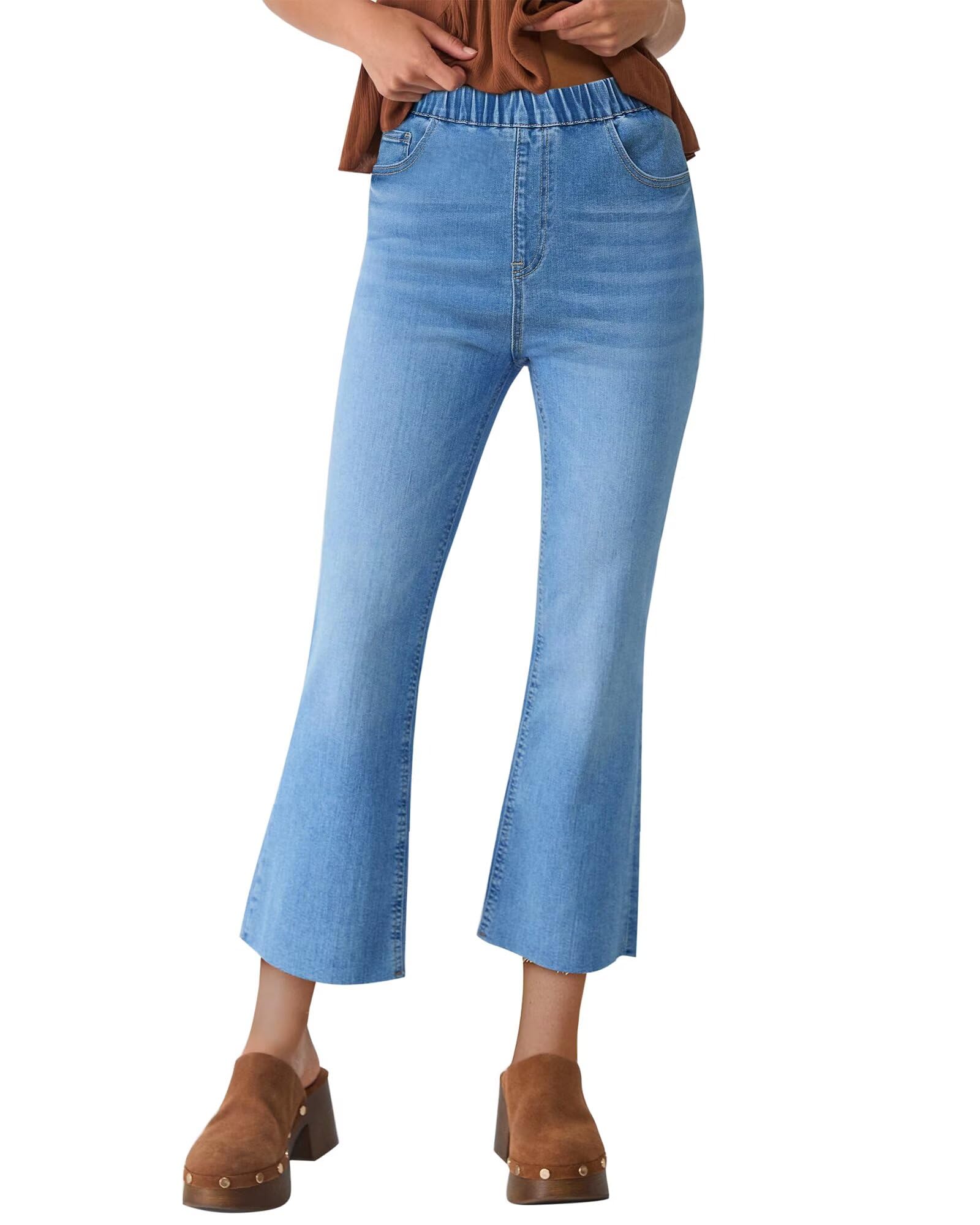 Pull on Jeans for Women,High Rise Stretchy Bootcut Denim Pants Elastic Waist Cropped Flare Jeans with Raw Hem