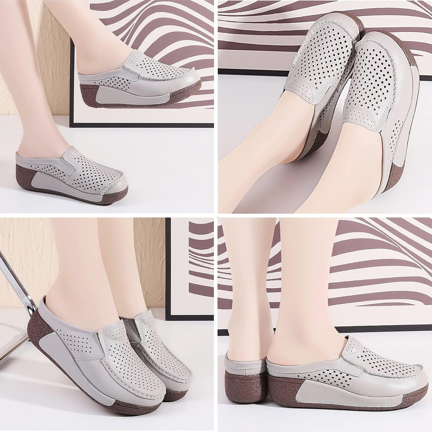 UGOSELEC Women Leather Breathable Slip On Mules,Casual Hollow Out Non-Slip Arch Support Slip On Clogs and Mules Work Shoes Sandals - Image 2