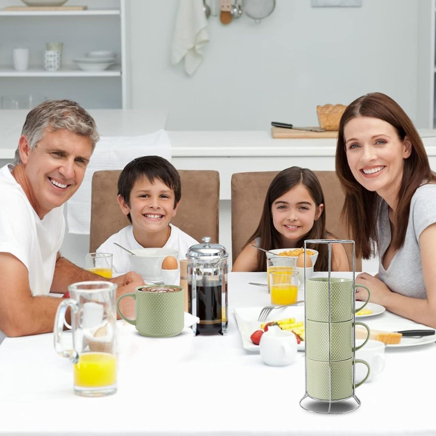 HASENSE Coffee Mugs Set with rack, 15 Ounce Porcelain Stackable Large Coffee Cups Set of 4 with handle for Drinks Like Tea, Cappuccino, Milk, Mocha and Cereal, Microwave & Dishwasher Safe, Green