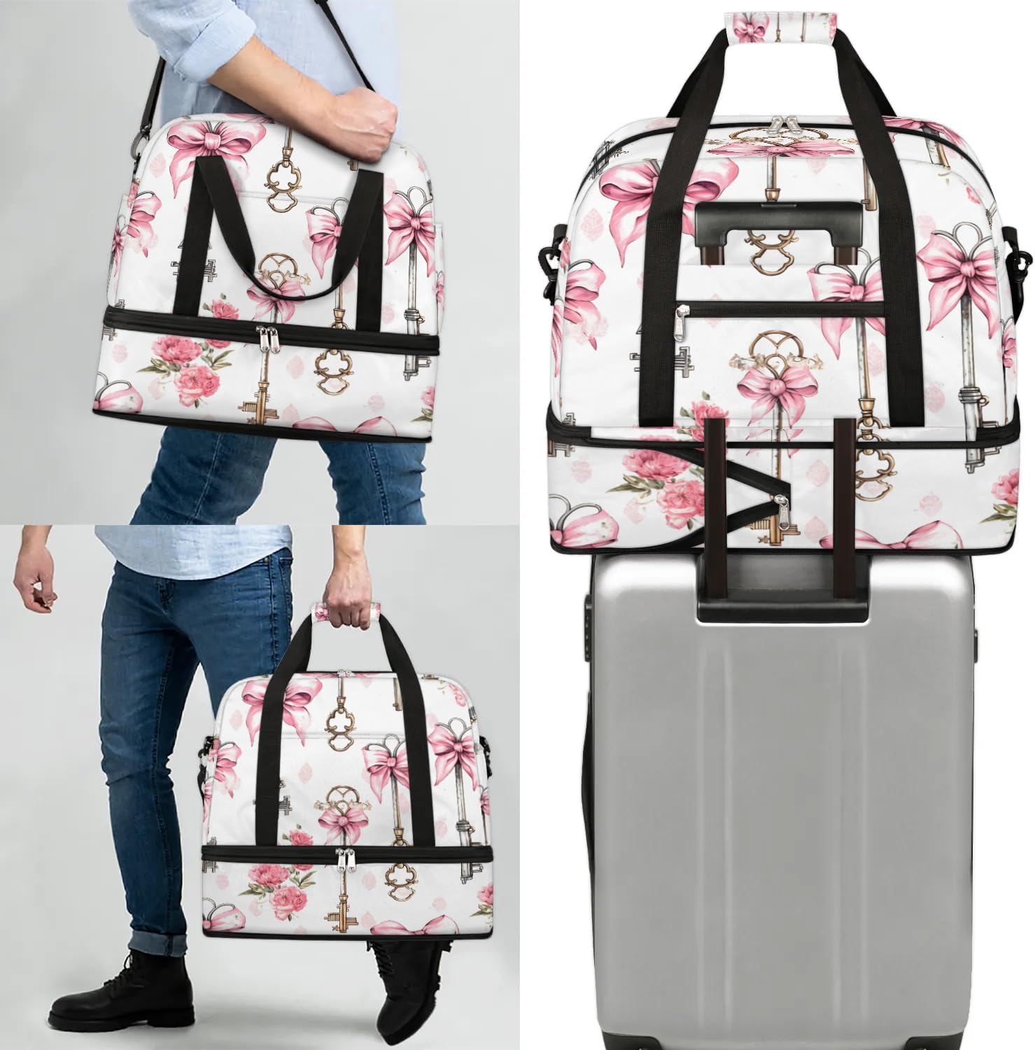 Sports Duffel Bag, Foldable Valentines Day Travel Duffel Bag, Gym Yoga Beach Bag Weekender Overnight Bag with Shoes Compartment for Men Women, Key Delicate Bow French