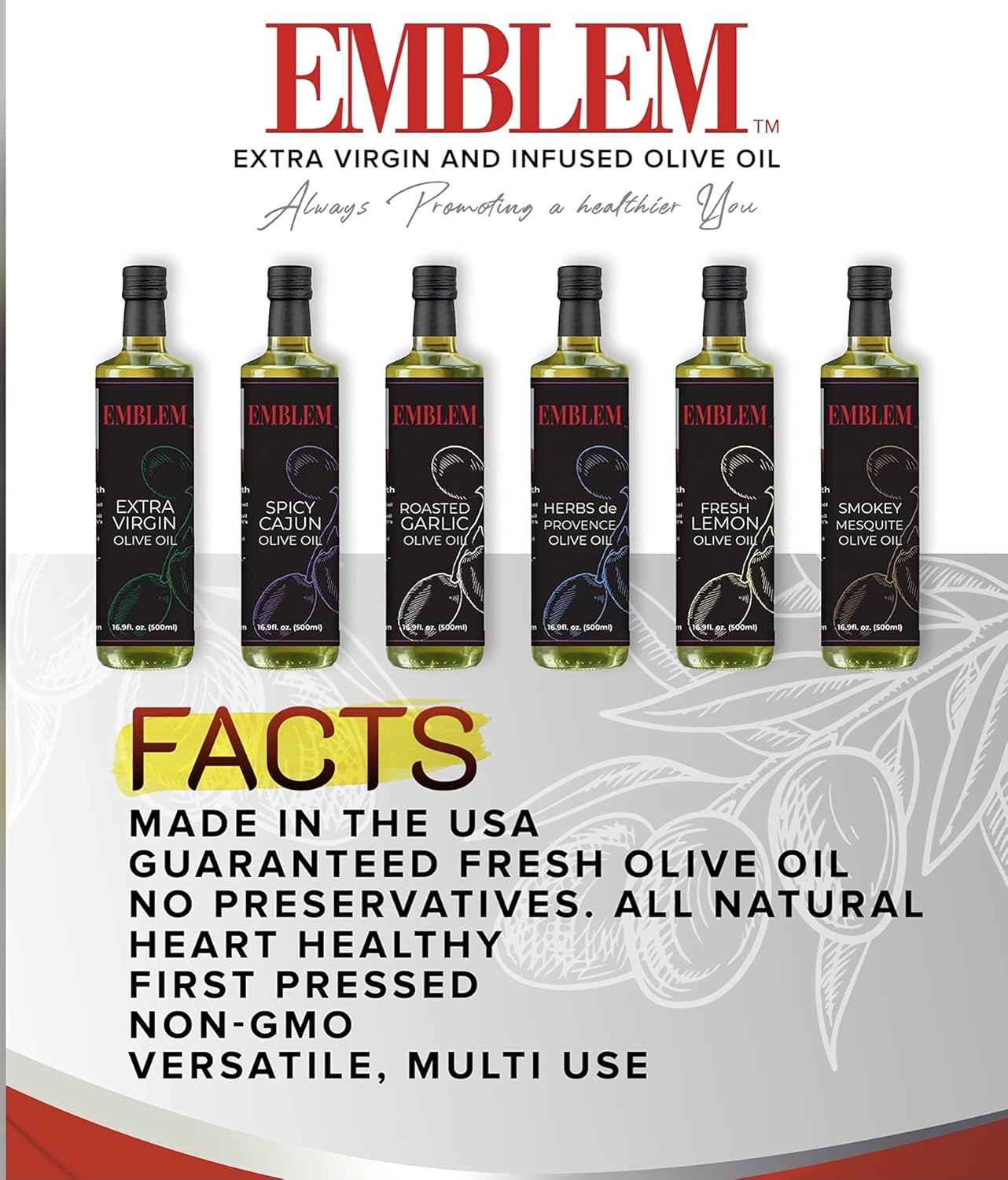 Emblem 100% Extra Virgin and Infused Olive Oil for Everyday Kitchen Use | Cold Extracted, Cooking & Baking | Non GMO, Keto, Vegan Friendly 500ml (Spicy Cajun)