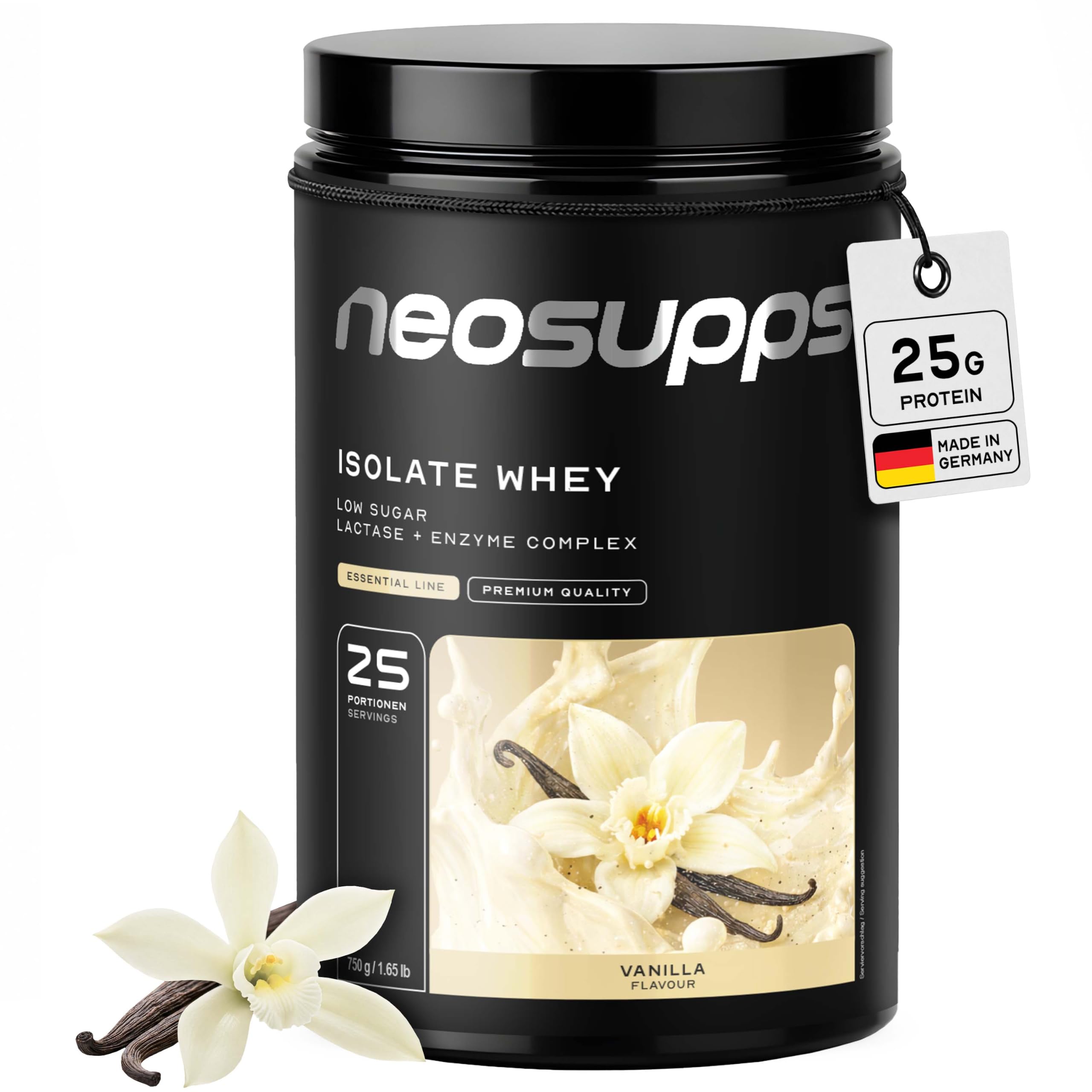 NEOSUPPS Whey Isolate Protein Pulver - Vanilla, 750g I Hochwertiger Eiweiss Shake mit Bromelain und Papain Enzymkomplex I Unter 1g Zucker & Fett I 25g Protein pro Portion