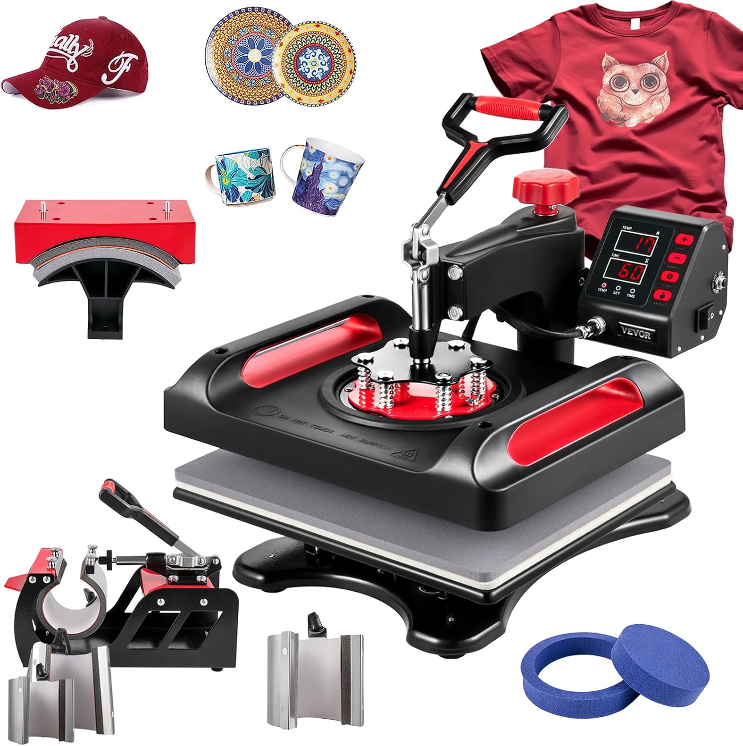 Heat Press Machine 8 in 1 Combo 15x12 Inch, 360° Swing Away Digital Tshirt Press Machine, Clamshell Sublimation Heat Press for Printing T-Shirt Hat Mug Plate Vinyl, Heat Transfer Projects, Red