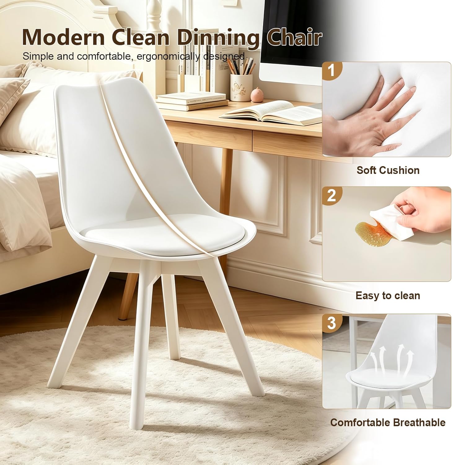 Mid Century Modern Dining Chairs Set of 4 with Curved Back & Wooden Beech Legs, Upholstered PU Leather Seat Cushion Accent Side Chairs for Dining Room, Kitchen, Living Room