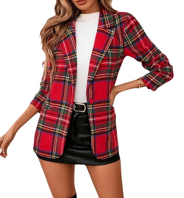 Christmas Plaid Blazer for Women Plaid Single Breasted Button Blazer Lapel Collar Coat Suit Office Festive Outerwear