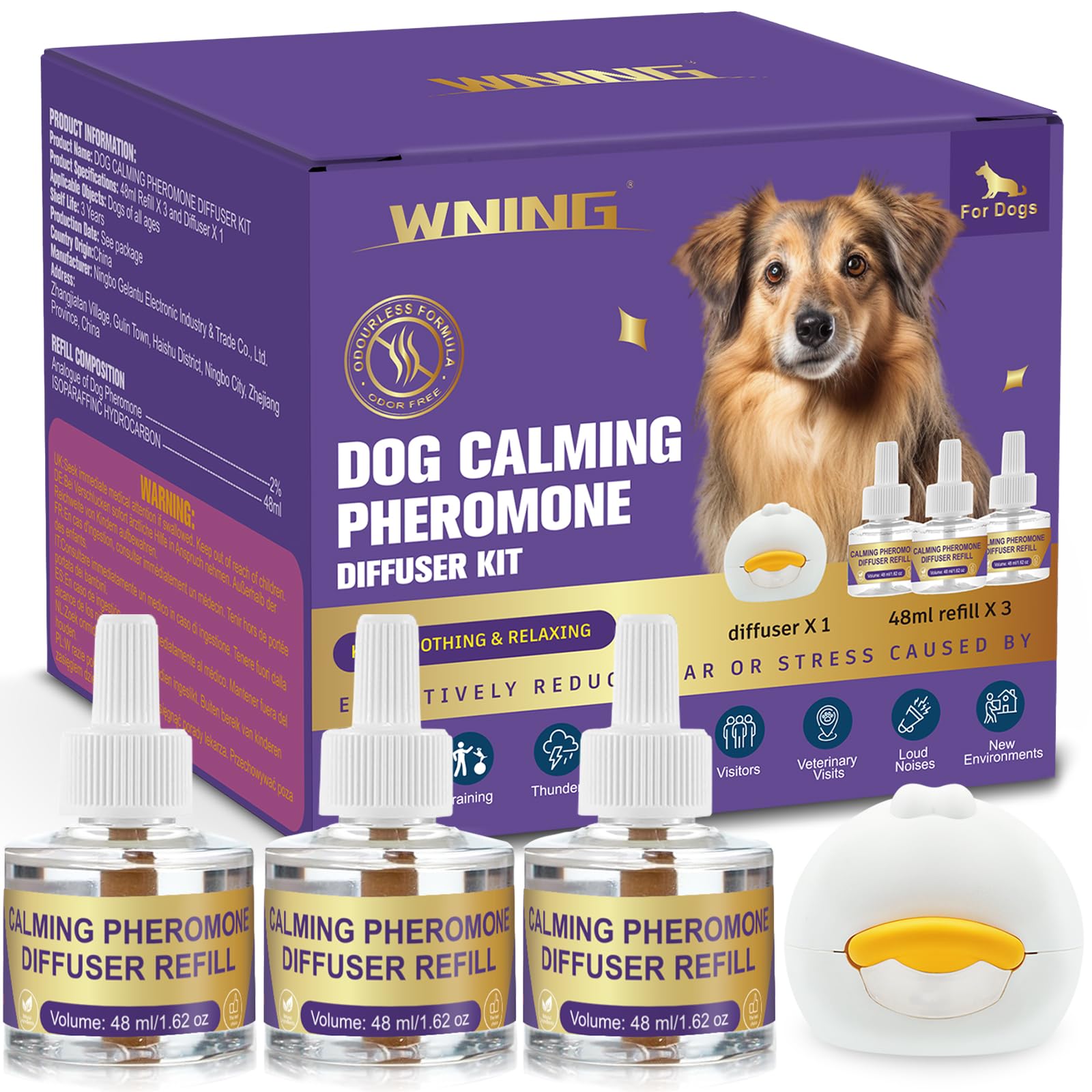 Diffusore di Feromoni Calmanti per Cani, 1 Diffusore + 3 Ricariche, Riduce Ansia da Separazione, Stress, Abbaiare e Mordere, Effetto Calmante e Rilassante (3)