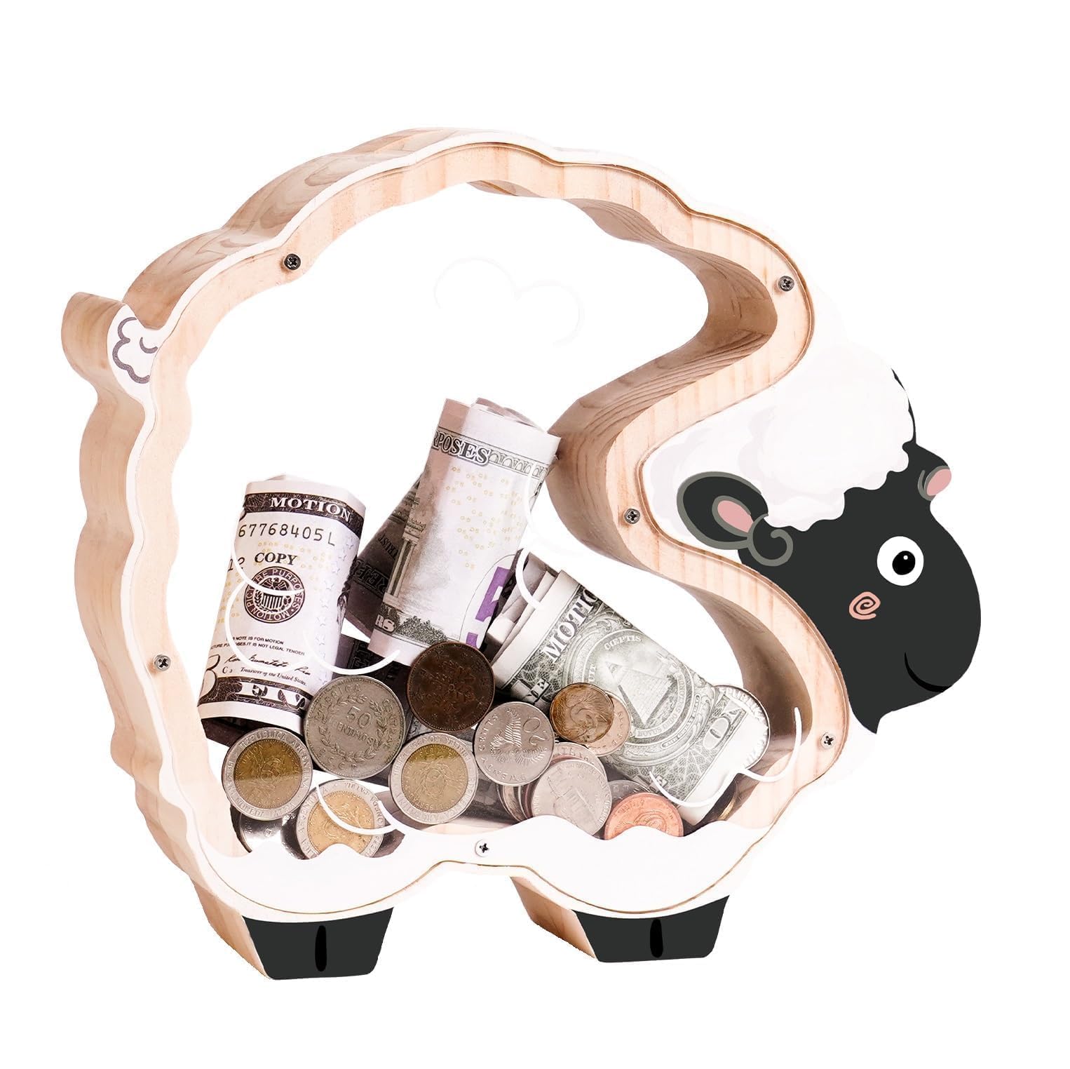Uniwooder Wooden Sheep Piggy Bank for Kids, Unbreakable Coin Bank for Kids with Letter Sticker, Wooden Cashbox Money Jar Personalizable Christmas