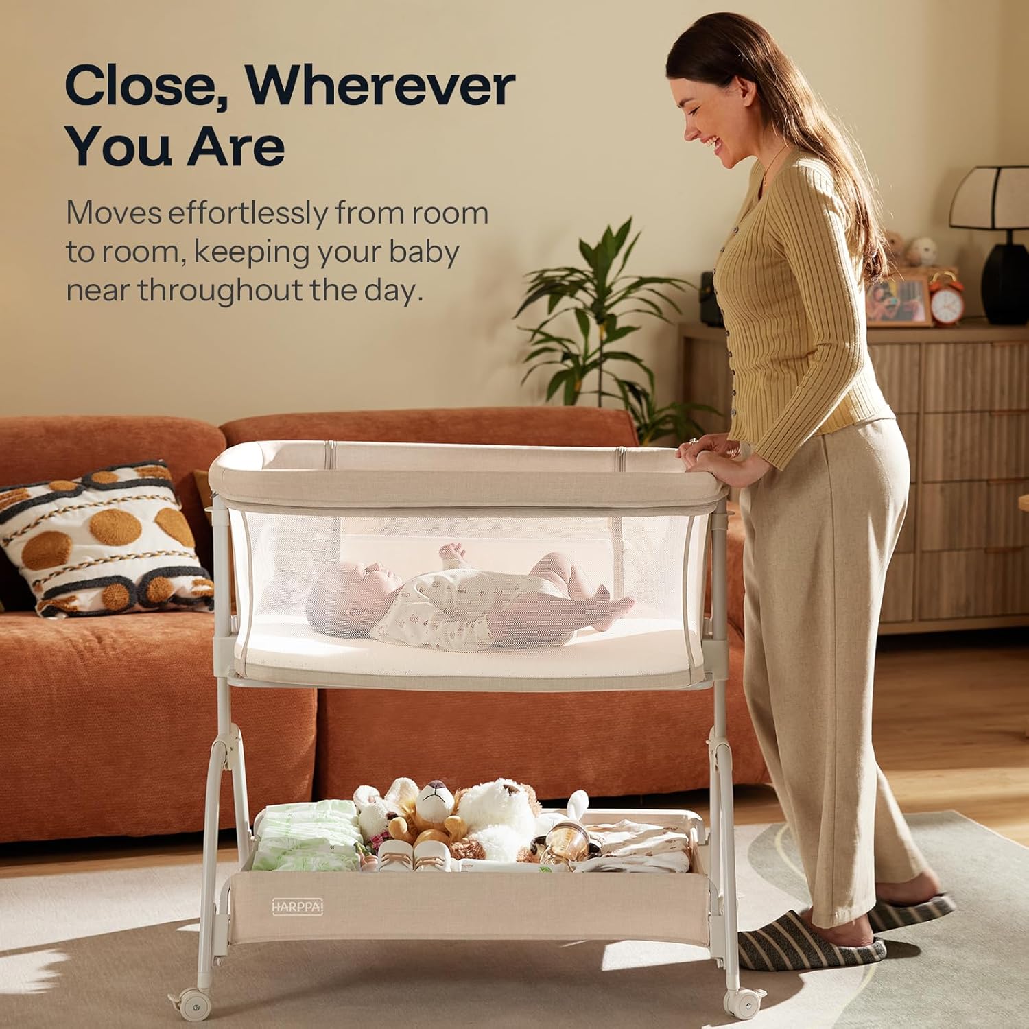 HARPPA Cuddly Bassinet, 2 in 1 Baby Bassinet with Breathable Mesh and Mattress, 6 Height Adjustable, Bedside Sleeper with Anchor Strap, Storage Basket and Wheels, Sand Cream