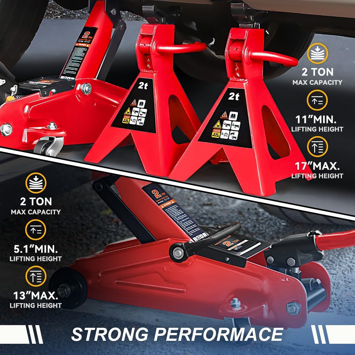 Auto Dynasty 2 Ton (4000 lbs) Capacity Floor Jack Low Profile Garage Hydraulic Trolley Service Lift Floor Jack Combo with Ratchet Jack Stands for SUV, Car and Truck, Red