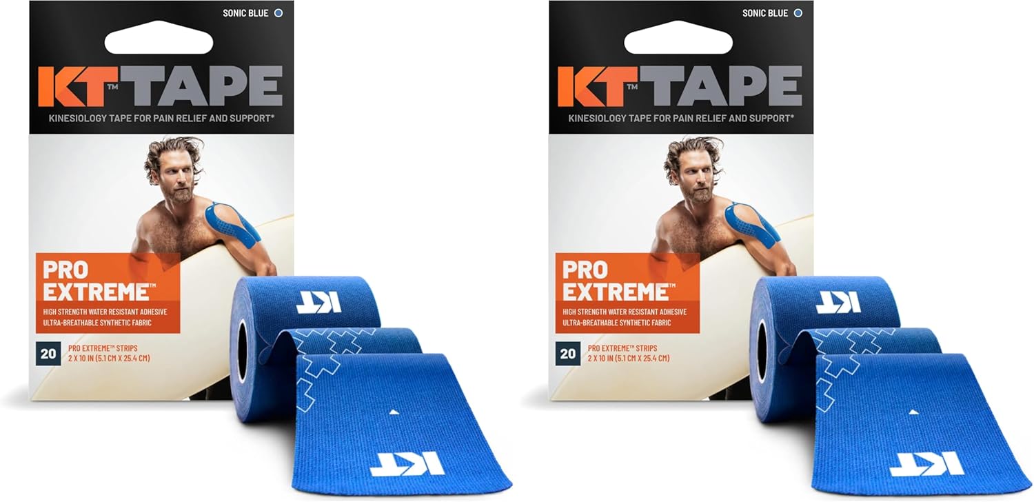 KT Tape Pro Extreme Therapeutic Elastic Kinesiology Sports Tape, 20 Pre Cut 10 inch Strips, 100% Synthetic Water Resistant Breathable, Pro & Olympic Choice, Sonic Blue (Pack of 2)