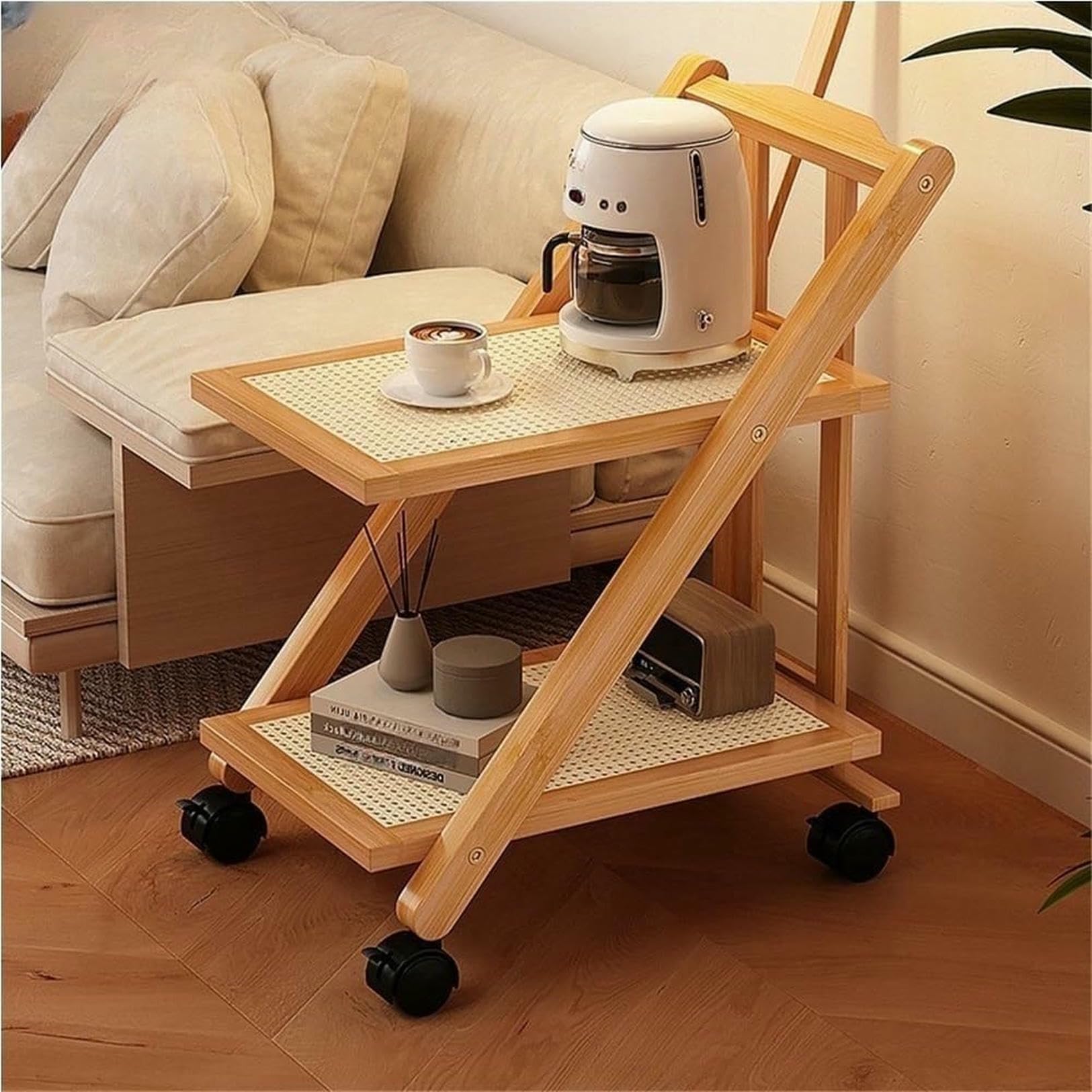 Eiwitany Foldable Narrow Wheeled Wooden Side Cart with Plastic Rattan Mesh, Mobile Sofa & Bedside End Table for Living Room (Natural 2 Tier)