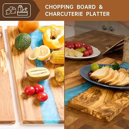 Vista 8 de Tabla de queso de lujo de madera de olivo italiana con resina, tabla de embutidos, tabla de cortar y cortar para carne, verduras y frutas, tabla