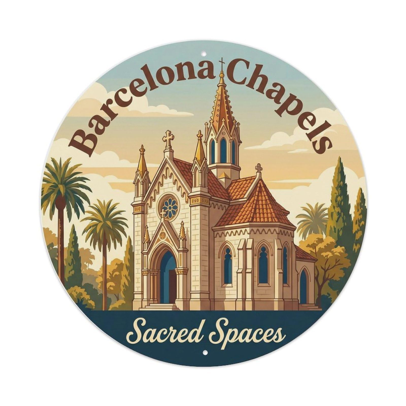 Catalan Barcelona Chapel Spiritual Vintage Architecture Metal Tin Sign Plaque Wall Decor for Cafe, Man Cave, Club Bar, Office, Home Garden Round Metal Poster 8x8Inch