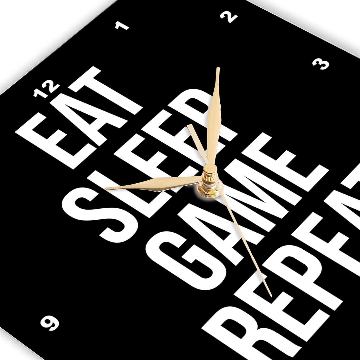 3dRose Wall Clock Silent - 13 inch - Eat Sleep Game Repeat. White Lettering on Black Background. - Stamp City - Typography